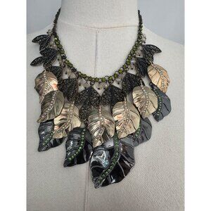 Bicolor Leaf Statement Necklace With Multicolored Rhinestones